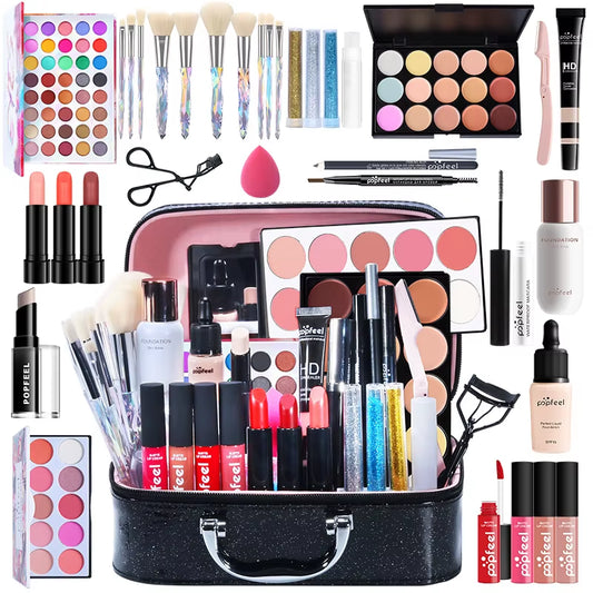 Makeup Kit Full Set Box Glitter Eyeshadow Plate Powder Blush Foundation Professional Multifunctional for Miss Women Make-Up Bag